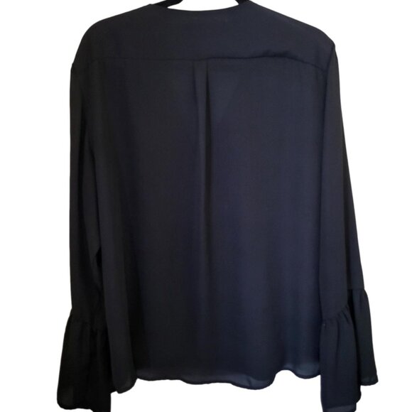 IMAN 1X Black Long Sleeve Top Bouse Shirt Blouson V Neck Bell Sleeves - Picture 2 of 8